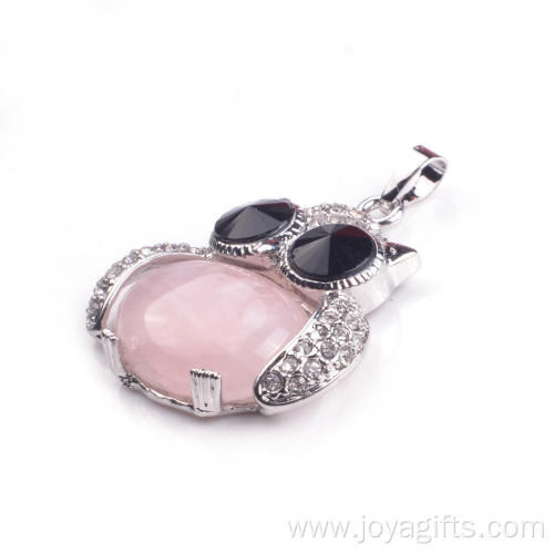 Sincere Silver Jewelry Rose Quartz Stone Owl Alloy Pendant Necklace for Women Accessories